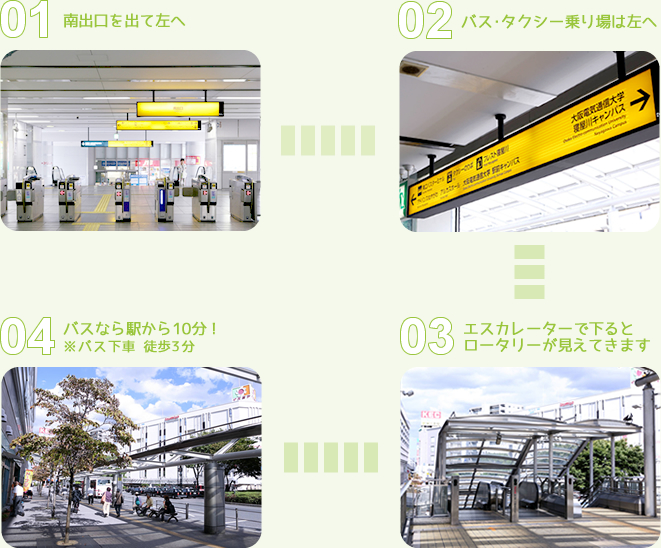 01.南出口を出て左へ→02.バス・タクシー乗り場は左へ→03.エスカレーターで下るとロータリーが見えてきます→04.バスなら駅から10分!※バス下車徒歩3分