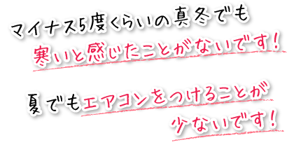 マイナス5度くらいの真冬でも寒いと感じたことがないです！夏でもエアコンをつけることが少ないです。