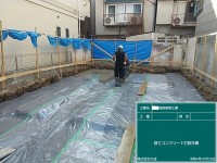 防湿シート敷き込み　捨てコン打設作業